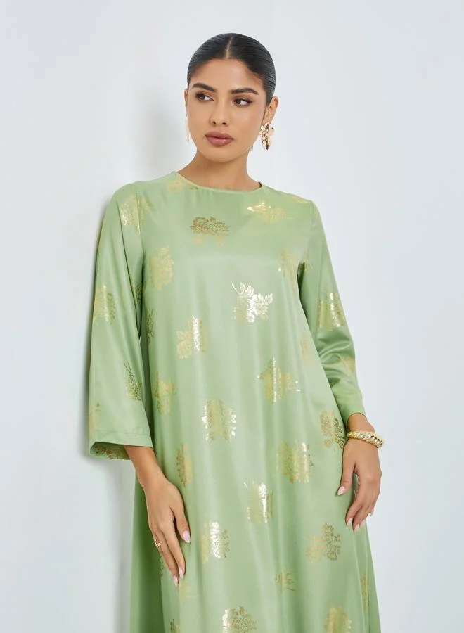 Amirah  Green Foil Print Round Neck Jalabiya for Women | Best Price UAE