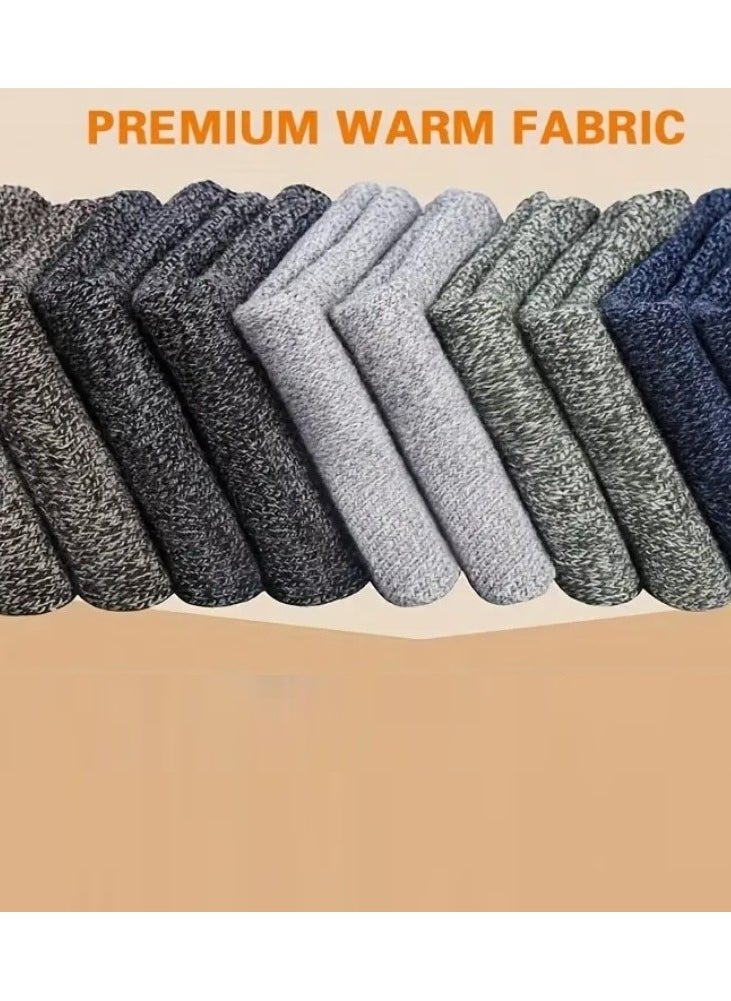 Men's sock set of 5 pieces made from a blend of wool and cotton. The set includes medium-length, multi-colored socks, which are plain formal socks suitable for winter, made from a cotton and wool blend in black, navy blue, off-white, gray, and brown