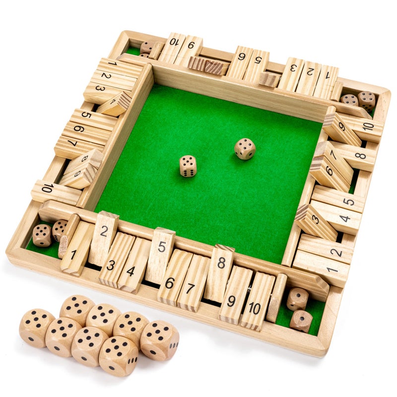 Ropoda Wooden Shut The Box Game (2-4 Players) - Large 4 Sided Board, 8 Dice, Rules - Amusing Addition Game for Kids & Adults, 12 Inch - Image 1