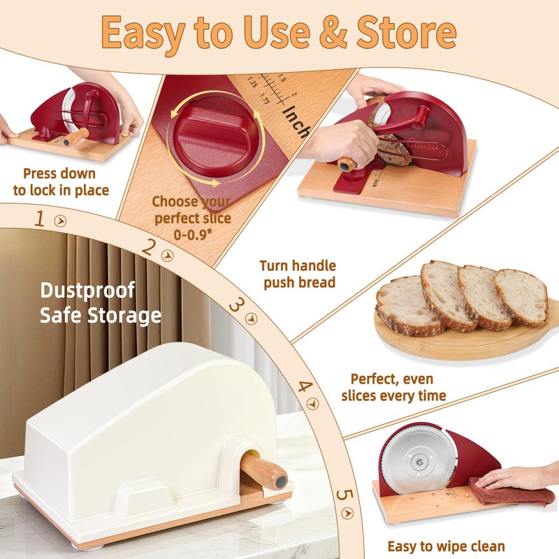 CAWIU Upgraded Manual Bread Slicer for Homemade Sourdough Bread - Adjustable Thickness Bread Cutter with Hand Crank, Suction Cups, Slicing Guide, Scale Line & Cover, for Perfect Even Slices (Red) - Image 5