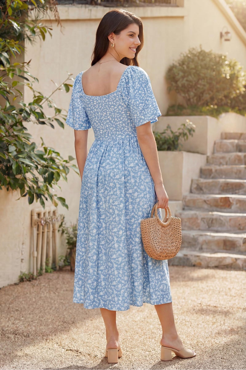 OUGES Baby Shower Maternity Dress for Photoshoot Floral Blue Bow Tie V Neck Short Sleeve Summer Spring Dresses Vacation Wedding Guest Pregnancy Must Haves Clothes 2026(Blue Floral,M) - Image 4