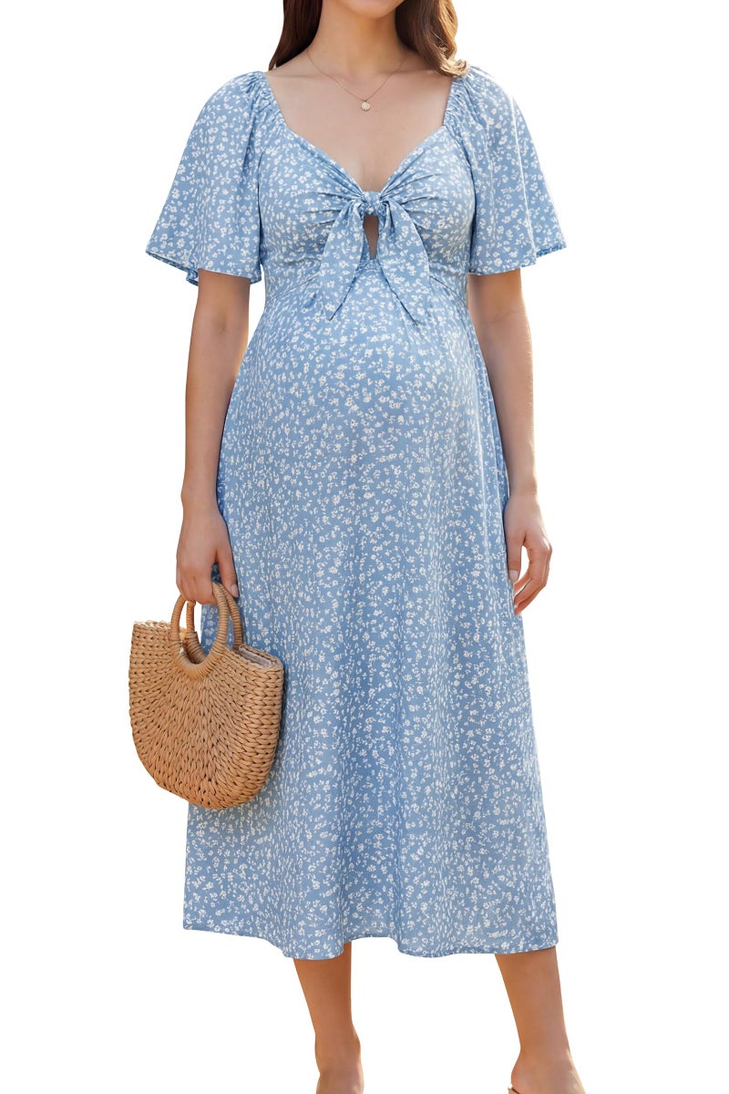 OUGES Baby Shower Maternity Dress for Photoshoot Floral Blue Bow Tie V Neck Short Sleeve Summer Spring Dresses Vacation Wedding Guest Pregnancy Must Haves Clothes 2026(Blue Floral,M) - Image 1
