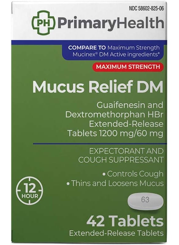 Primary Health Mucus Relief DM Maximum Strength Dextromethorphan 60mg, Guaifenesin 1200mg, Extended-Release Tablets, 42Count 