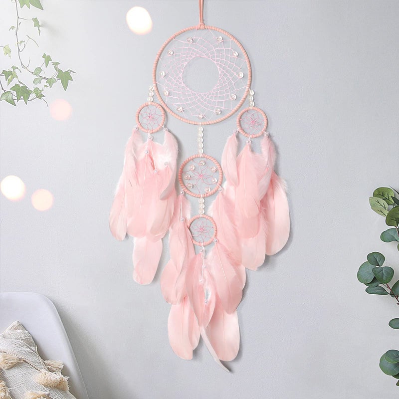 SOMYTING Dream Catcher with Fairy Lights Handmade Feathers Dreamcatcher Wall Hanging Ornament Room Decor Bohemian Home Decor Craft Blessing Gift Pink1