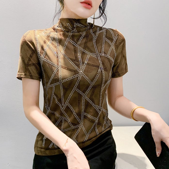 Fashion Printed Drilling T-Shirt Women'S Short-Sleeved Summer Stylish Design Sense Mesh Top Slim-Fit Half-High Collar Base Shirt - Image 5