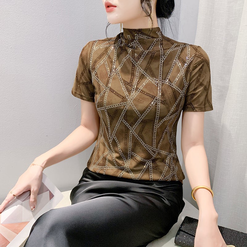 Fashion Printed Drilling T-Shirt Women'S Short-Sleeved Summer Stylish Design Sense Mesh Top Slim-Fit Half-High Collar Base Shirt - Image 3
