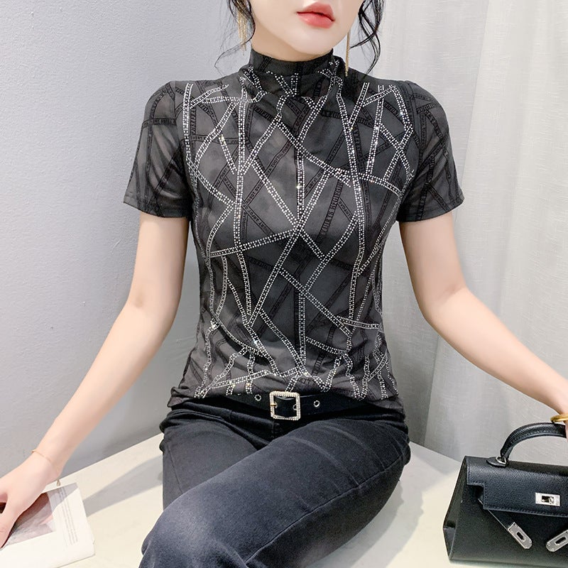 Fashion Printed Drilling T-Shirt Women'S Short-Sleeved Summer Stylish Design Sense Mesh Top Slim-Fit Half-High Collar Base Shirt - Image 2