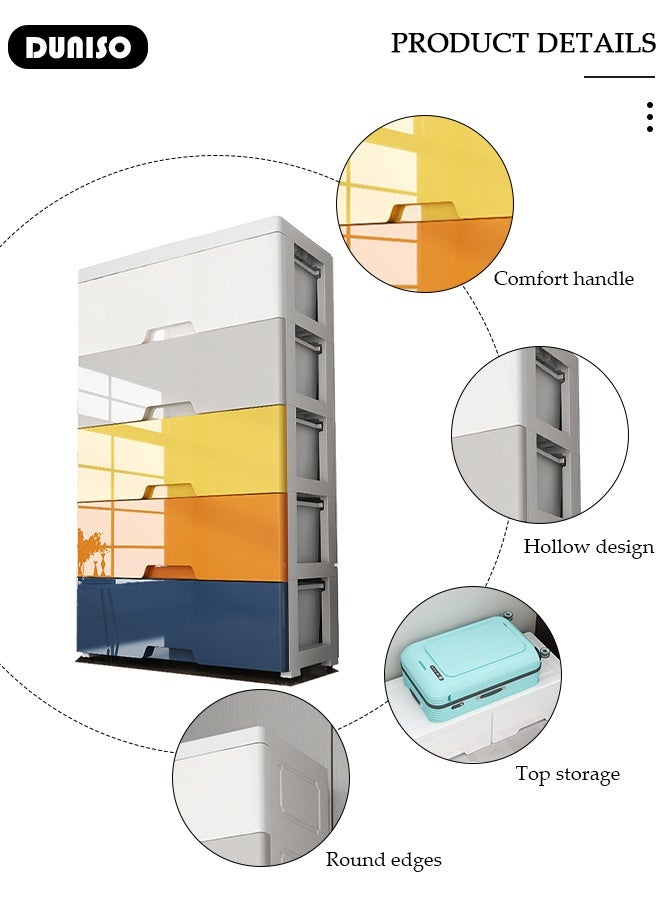 DUNISO 5 Drawers Storage Cabinet Drawer Plastic Containers Box, Portable Drawer Cart Storage Organizer with Wheels, Mobile File Cabinet, Bedside Cupboard, Multifunctional Storage Bin for Office, Wide Slit Cabinet Drawer Unit Multipurpose Mix Drawers for Kitchen Bedroom Bathroom and Living Room  - Image 5