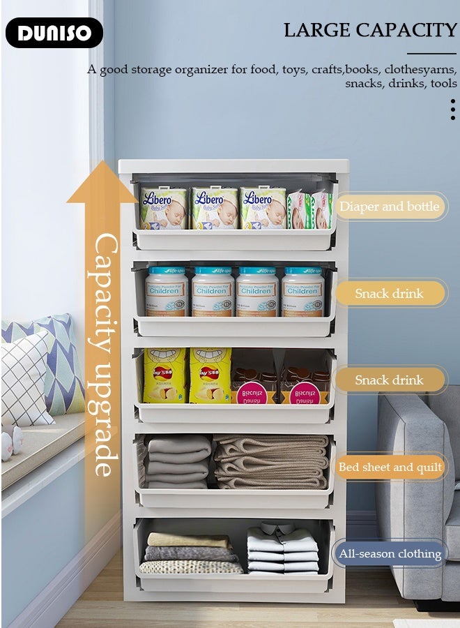DUNISO 5 Drawers Storage Cabinet Drawer Plastic Containers Box, Portable Drawer Cart Storage Organizer with Wheels, Mobile File Cabinet, Bedside Cupboard, Multifunctional Storage Bin for Office, Wide Slit Cabinet Drawer Unit Multipurpose Mix Drawers for Kitchen Bedroom Bathroom and Living Room  - Image 2
