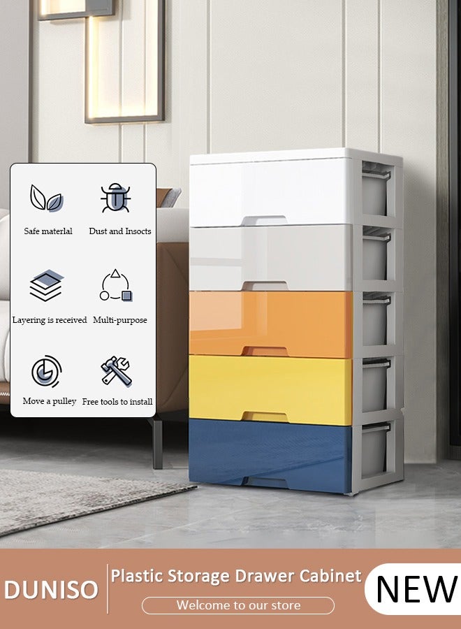 DUNISO 5 Drawers Storage Cabinet Drawer Plastic Containers Box, Portable Drawer Cart Storage Organizer with Wheels, Mobile File Cabinet, Bedside Cupboard, Multifunctional Storage Bin for Office, Wide Slit Cabinet Drawer Unit Multipurpose Mix Drawers for Kitchen Bedroom Bathroom and Living Room - Image 1