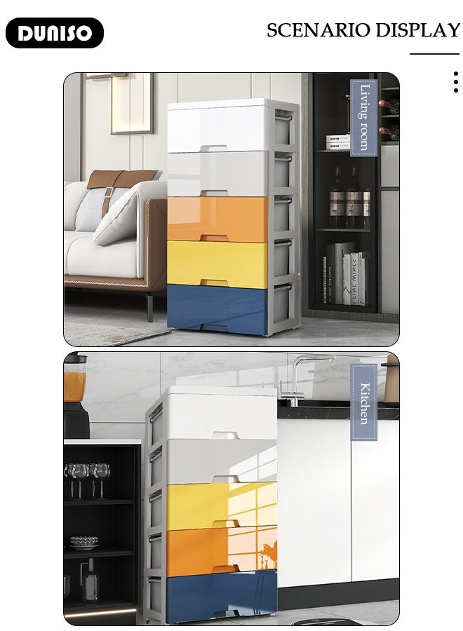 DUNISO 5 Drawers Storage Cabinet Drawer Plastic Containers Box, Portable Drawer Cart Storage Organizer with Wheels, Mobile File Cabinet, Bedside Cupboard, Multifunctional Storage Bin for Office, Wide Slit Cabinet Drawer Unit Multipurpose Mix Drawers for Kitchen Bedroom Bathroom and Living Room - Image 3