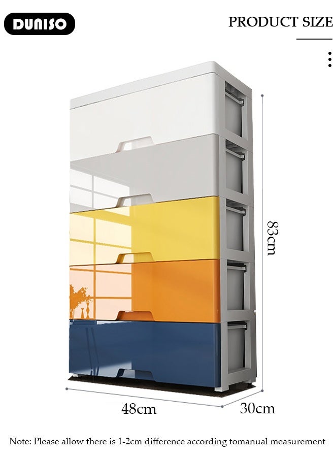 DUNISO 5 Drawers Storage Cabinet Drawer Plastic Containers Box, Portable Drawer Cart Storage Organizer with Wheels, Mobile File Cabinet, Bedside Cupboard, Multifunctional Storage Bin for Office, Wide Slit Cabinet Drawer Unit Multipurpose Mix Drawers for Kitchen Bedroom Bathroom and Living Room - Image 2