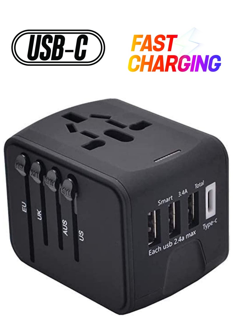 ELTRAZONE Universal Travel Adapter with Multiple Regional Power Socket Plugs for UK US AU and Plug Adaptor with 3 Ultra Fast USB Charging Port and 1 Brisk USB Type C Port Black - Image 1
