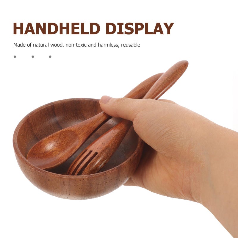 Acacia Wood Fruit Salad Bowl Set With Spoon Fork Kitchen Tableware Party Serving - Image 5