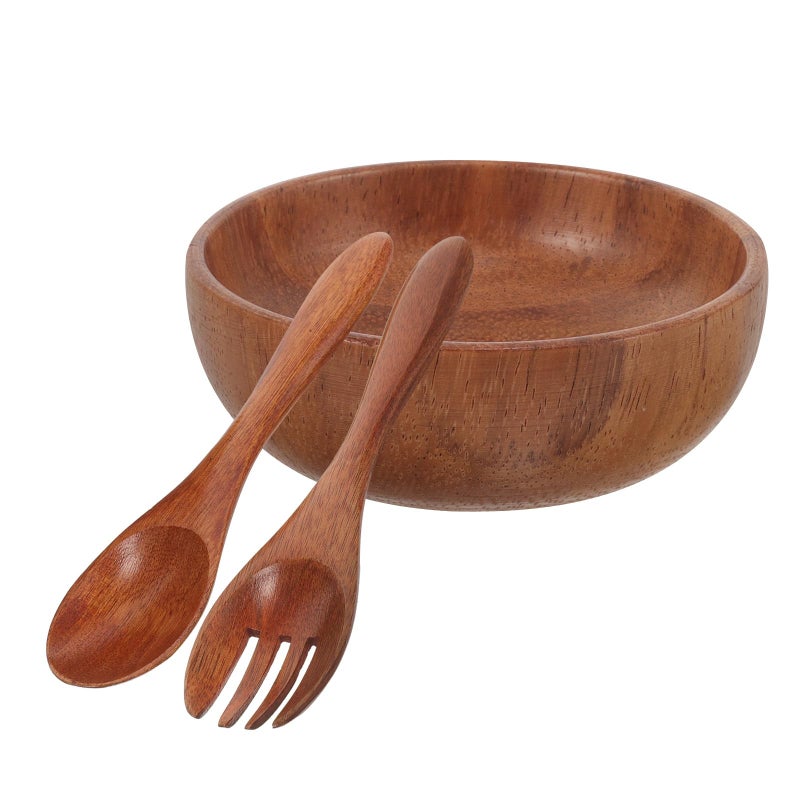 Acacia Wood Fruit Salad Bowl Set With Spoon Fork Kitchen Tableware Party Serving - Image 2