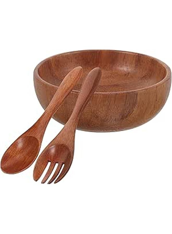 Acacia Wood Fruit Salad Bowl Set With Spoon Fork Kitchen Tableware Party Serving - Image 1