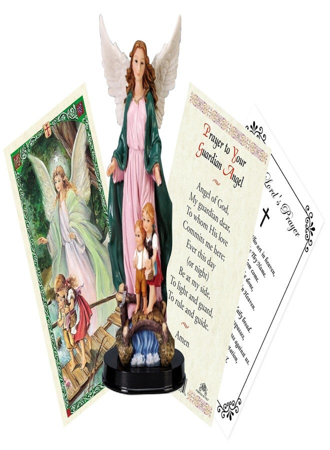 Trendzeen Guardian Angel Statue with Children On Bridge - Guardian Angel Prayer Card, The Lord's Prayer - 5 Inch Guardian Angel with Children Figurine with Wooden Base - Angel De La Guarda Estatua - 3 Items - Image 1