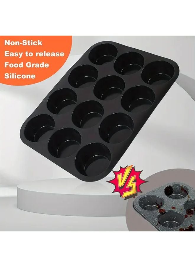 Black 12 Cups Silicone Muffin Pan Nonstick BPA Free Cupcake Baking Mold - Image 1