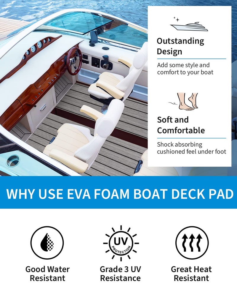 OCEANBROAD Self-Adhesive 96''x36'' Boat Flooring with 3M Adhesive Backing EVA Foam Boat Decking Faux Teak Marine Non-Slip Sheet for Jon Motor Boats Yacht Helm Pad Floor, Gray with Black Seam Lines - Image 4