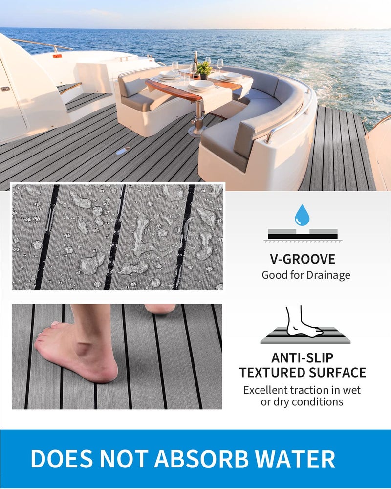 OCEANBROAD Self-Adhesive 96''x36'' Boat Flooring with 3M Adhesive Backing EVA Foam Boat Decking Faux Teak Marine Non-Slip Sheet for Jon Motor Boats Yacht Helm Pad Floor, Gray with Black Seam Lines - Image 3