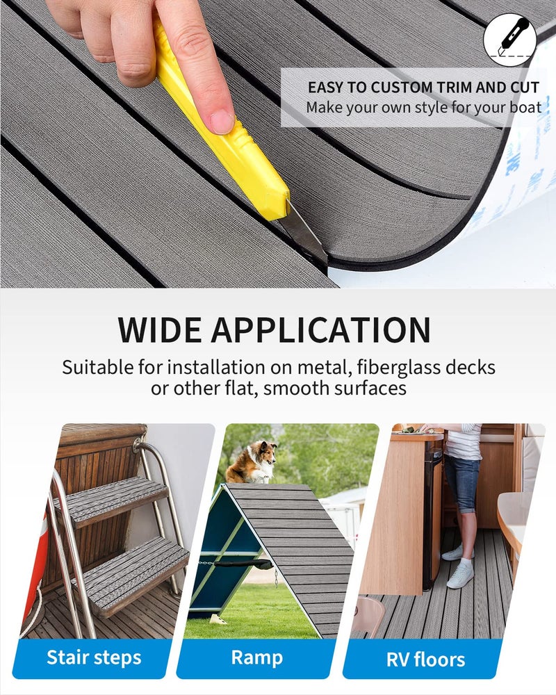 OCEANBROAD Self-Adhesive 96''x36'' Boat Flooring with 3M Adhesive Backing EVA Foam Boat Decking Faux Teak Marine Non-Slip Sheet for Jon Motor Boats Yacht Helm Pad Floor, Gray with Black Seam Lines - Image 5