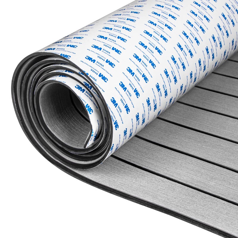 OCEANBROAD Self-Adhesive 96''x36'' Boat Flooring with 3M Adhesive Backing EVA Foam Boat Decking Faux Teak Marine Non-Slip Sheet for Jon Motor Boats Yacht Helm Pad Floor, Gray with Black Seam Lines - Image 1
