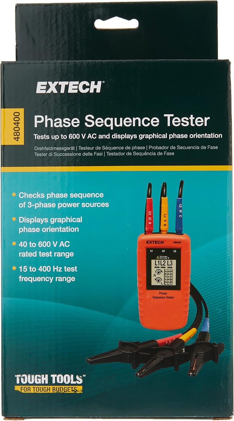 Extech 480400 Phase Sequence Tester with LCD Display and Alligator Clips - Image 2