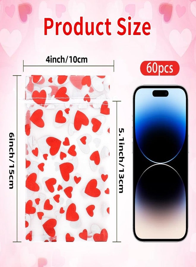 Linsuminn Heart Organza Bags, Organza Bags 4"x6", 60 PCS Valentines Drawstring Gift Goodie Treat Bag, Small Mesh Bag Drawstring Gift Pouches Jewelry Mini Candy Pouch for Valentine's Day, Wedding Party Supply - Image 2