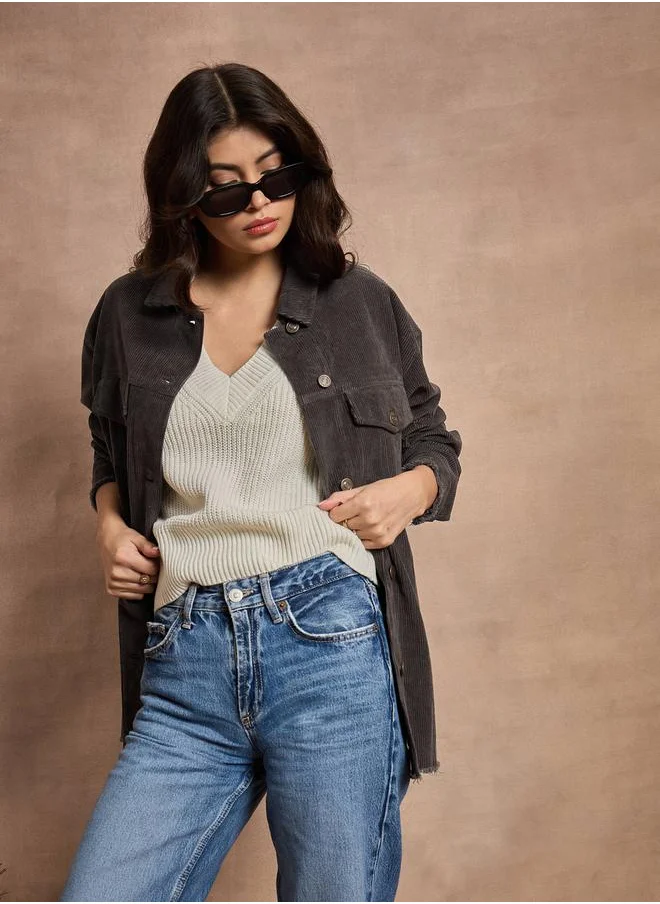 ساسافراس Corduroy Pocket Details Oversized Shacket by Styli
