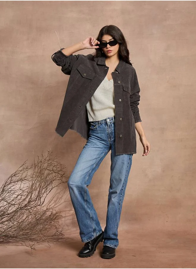 ساسافراس Corduroy Pocket Details Oversized Shacket by Styli