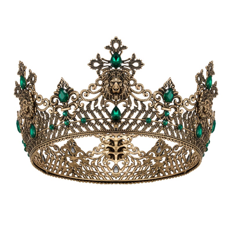 SWEETV King Crown for Men, Old Gold Men's Tiara Prince Diadem, Royal Medieval Costume Hair Accessories for Cosplay Birthday Wedding Halloween,Green - Image 1