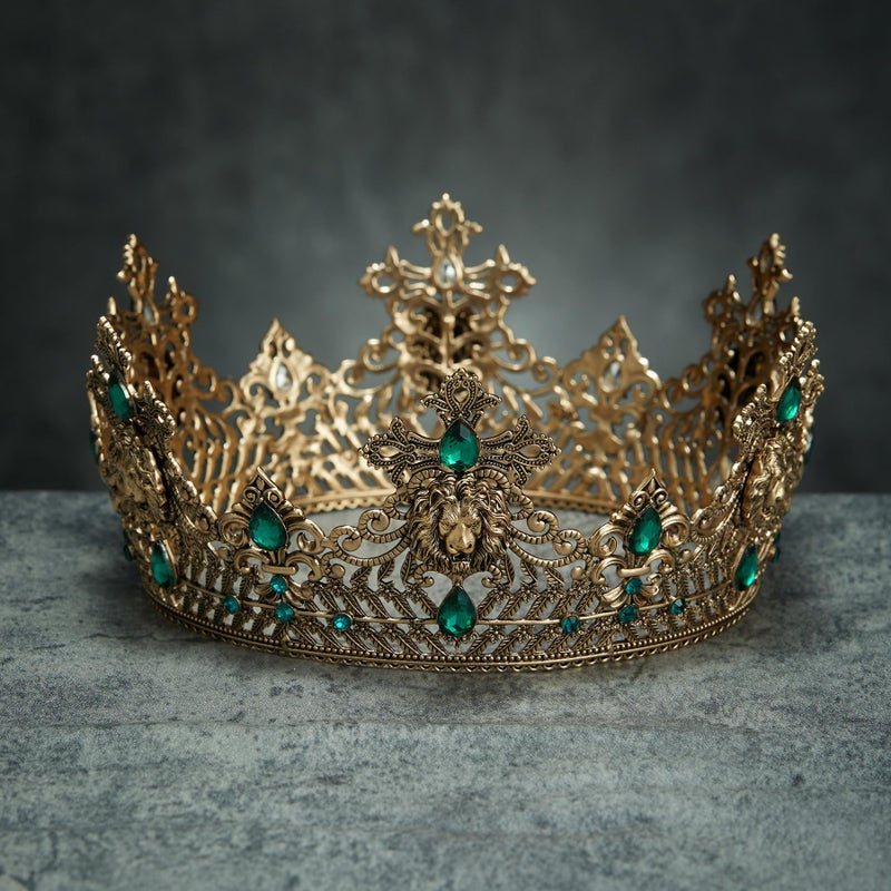 SWEETV King Crown for Men, Old Gold Men's Tiara Prince Diadem, Royal Medieval Costume Hair Accessories for Cosplay Birthday Wedding Halloween,Green - Image 5