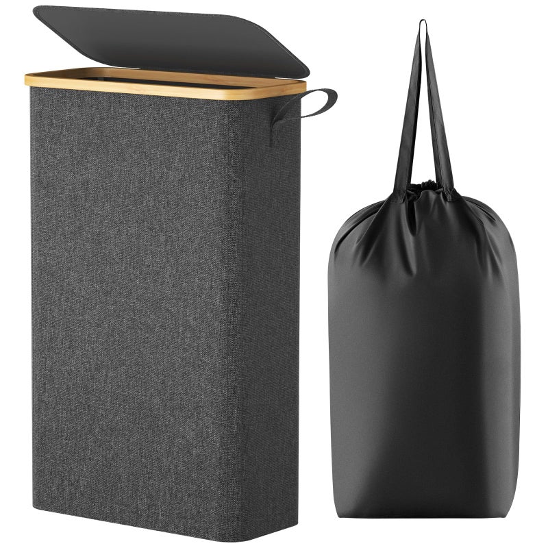 Lifewit 65L Slim Laundry Hamper with Lid Narrow Laundry Basket with Removable Bag Bamboo Handles Fodable Thin Dirty Clothes Hamper for Laundry Collapsible Bin for Bathroom Bedroom Dorm Dark Gray - Image 2