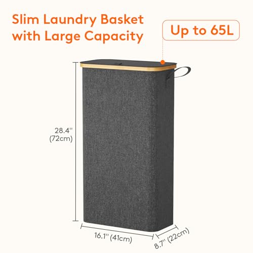 Lifewit 65L Slim Laundry Hamper with Lid Narrow Laundry Basket with Removable Bag Bamboo Handles Fodable Thin Dirty Clothes Hamper for Laundry Collapsible Bin for Bathroom Bedroom Dorm Dark Gray - Image 3