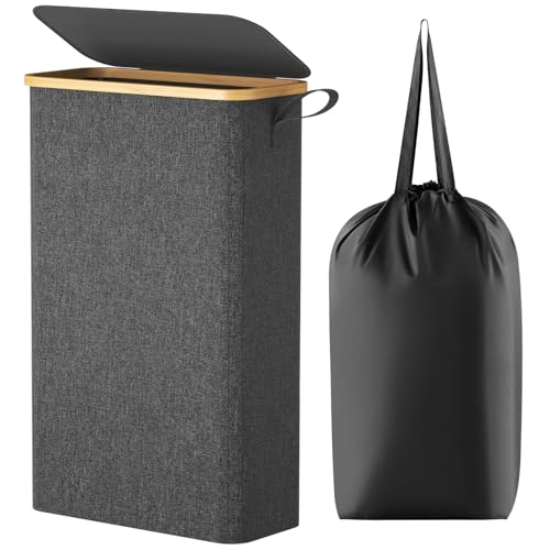 Lifewit 65L Slim Laundry Hamper with Lid Narrow Laundry Basket with Removable Bag Bamboo Handles Fodable Thin Dirty Clothes Hamper for Laundry Collapsible Bin for Bathroom Bedroom Dorm Dark Gray - Image 1