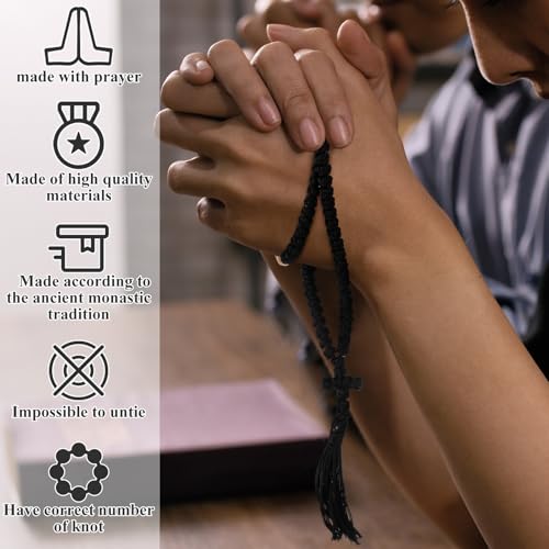 Quelay 2 Pcs Orthodox Prayer Rope Christian Chotki Prayer Rope Handmade Easter Gift Greek Orthodox 100 Knot Christian 33 Knot Bracelet Greek Cross for Protection Bless Cross Charm(Black,Stylish Style) - Image 3