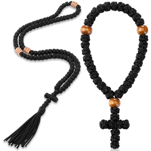 Quelay 2 Pcs Orthodox Prayer Rope Christian Chotki Prayer Rope Handmade Easter Gift Greek Orthodox 100 Knot Christian 33 Knot Bracelet Greek Cross for Protection Bless Cross Charm(Black,Stylish Style) - Image 1