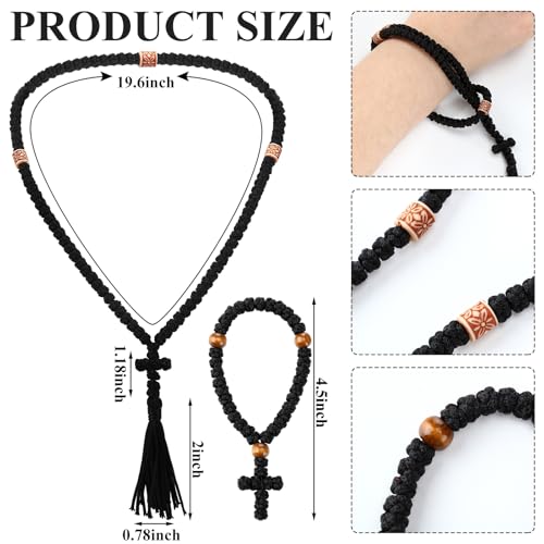 Quelay 2 Pcs Orthodox Prayer Rope Christian Chotki Prayer Rope Handmade Easter Gift Greek Orthodox 100 Knot Christian 33 Knot Bracelet Greek Cross for Protection Bless Cross Charm(Black,Stylish Style) - Image 2
