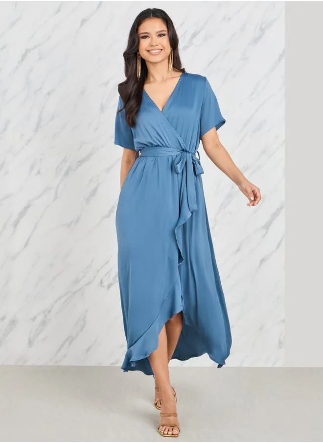 Styli Ruffle Asymmetric Hem Wrap Midi Dress