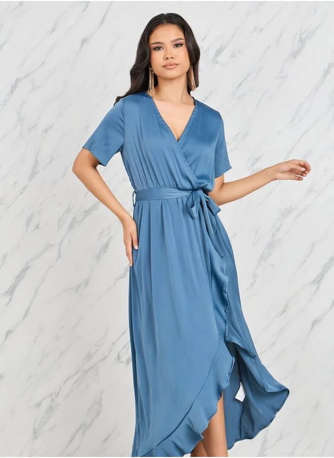 Styli Ruffle Asymmetric Hem Wrap Midi Dress