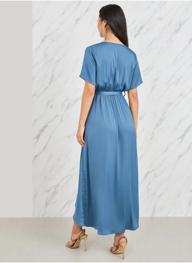 Styli Ruffle Asymmetric Hem Wrap Midi Dress