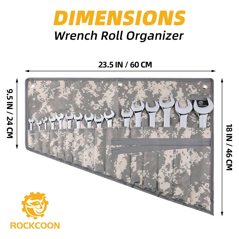 ROCKCOON 16 Pocket Wrench Roll Organizer, Rolled Tool Pouch Bag with Water Proof Oxford Cloth, Light Camouflage - Image 4