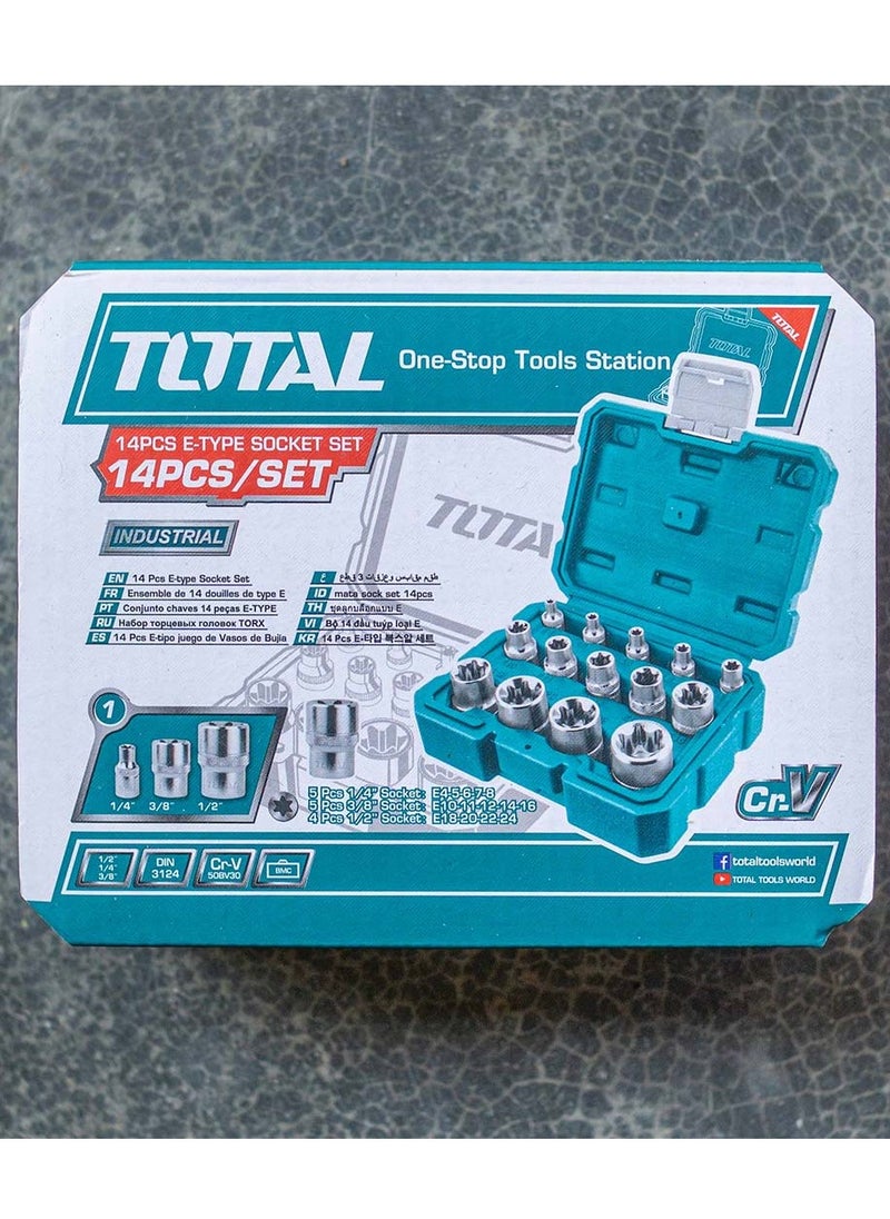 توتال - Total طقم مقبس نجمي 14 قطعة من النوع E - THKTETS0114| 5 قطع 1/4" 5 قطع 3/8" 4 قطع 1/2" مقابس | Cr-V ممتاز للميكانيكيين المحترفين وعشاق الأعمال اليدوية - Image 1