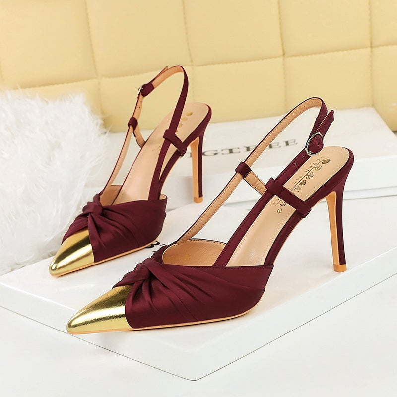 312-5 Banquet High Heels Stiletto Heel Satin Bow Color Matching Pointed Women'S Shoes Back Empty Trip Belt Shoes - Image 4