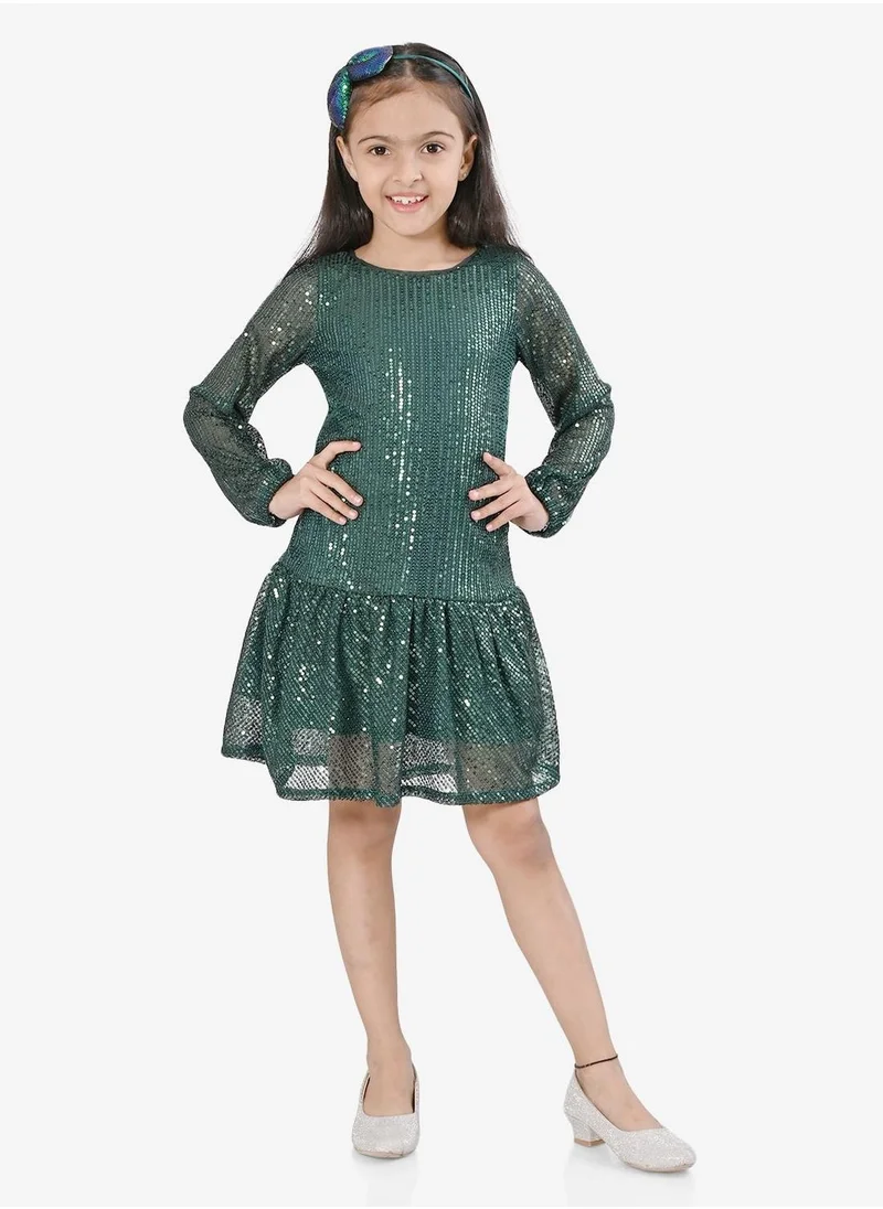 بونكيدز Regular Fit Printed Green Cotton Dresses For Girls Round Neck Flat Collar Pull On 100 % Cotton