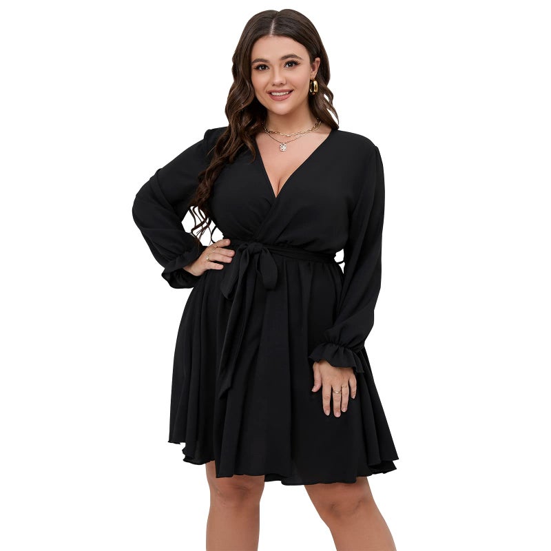 SCOMCHIC Women's Plus Size Long Sleeve Wrap V Neck Tie Waist A Line Mini Dress Black - Image 2