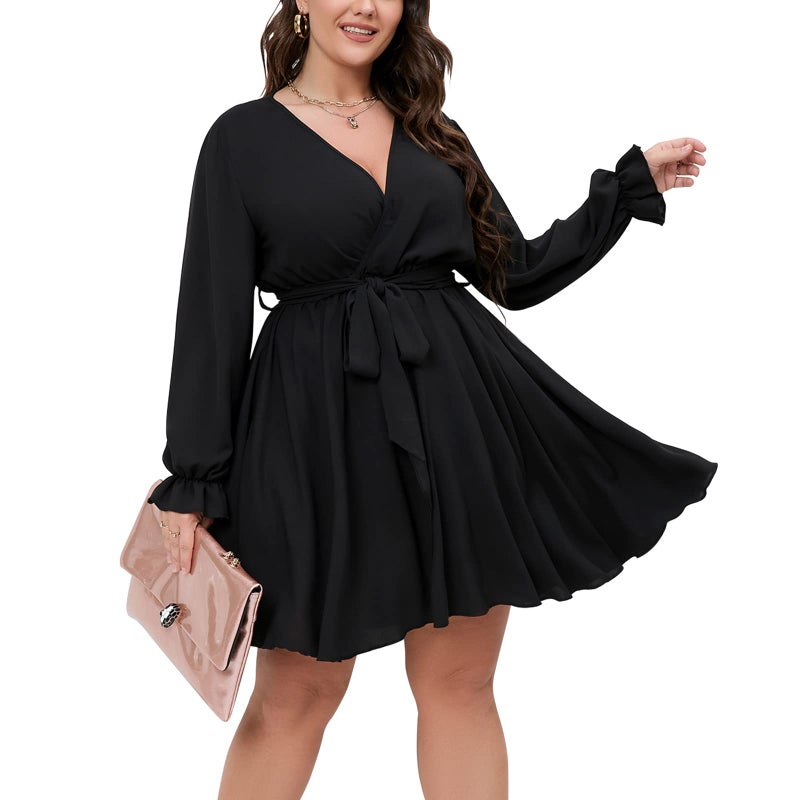 SCOMCHIC Women's Plus Size Long Sleeve Wrap V Neck Tie Waist A Line Mini Dress Black - Image 1