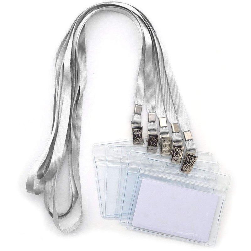 Bird Fiy Lanyards with id Holder Name Badges 50 Pcs Waterproof Type Clear Plastic Horizontal Name Tag Badge Id Card and 50 Pcs Lanyard Gray