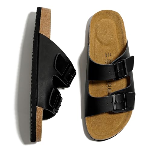 Project Cloud Genuine Leather Mens Sandals with Memory Foam Natural Cork Footbed Slides for Men Footwear - Non-Slip Double-Strap Buckle Summer Sandals (Arizona,BLKMAT,8) - Image 5