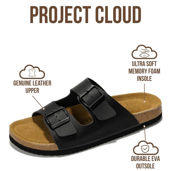 Project Cloud Genuine Leather Mens Sandals with Memory Foam Natural Cork Footbed Slides for Men Footwear - Non-Slip Double-Strap Buckle Summer Sandals (Arizona,BLKMAT,8) - Image 2
